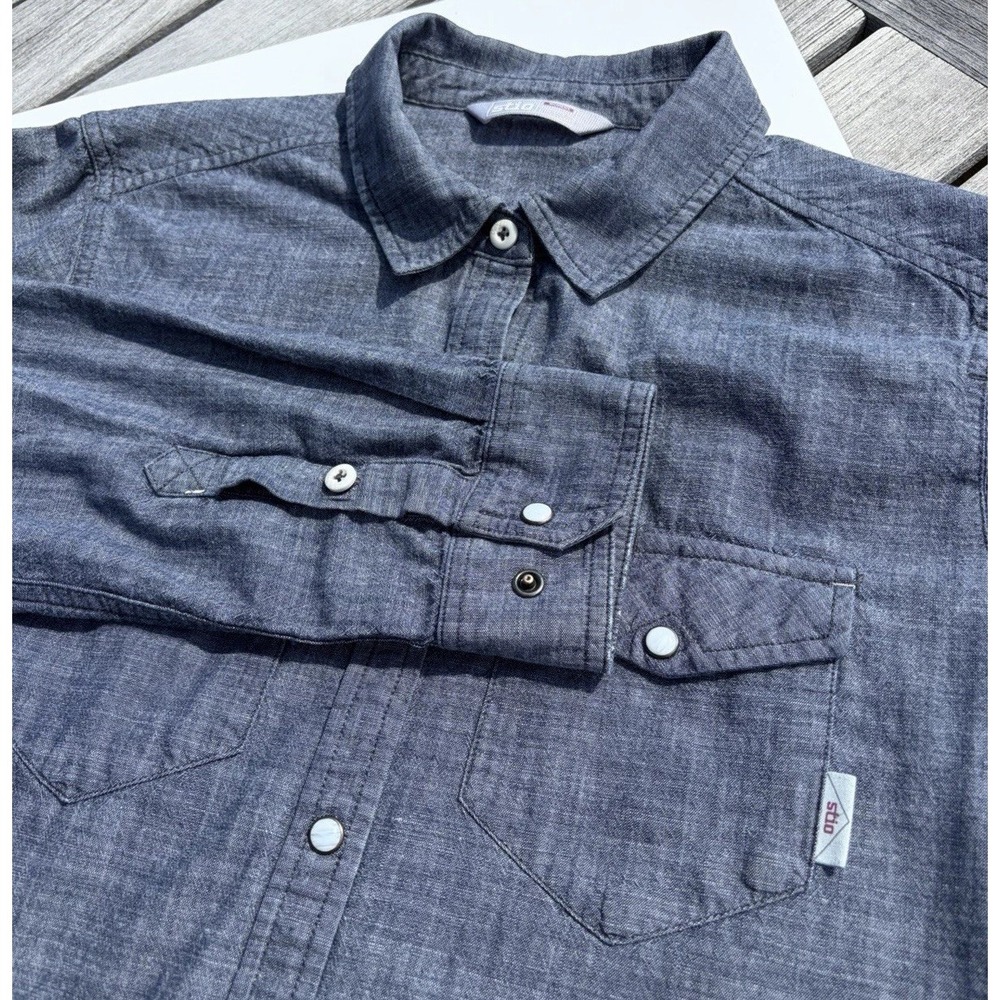 STIO Ashton Blue Chambray Organic Cotton Western Shirt Pearl Snaps Size Large